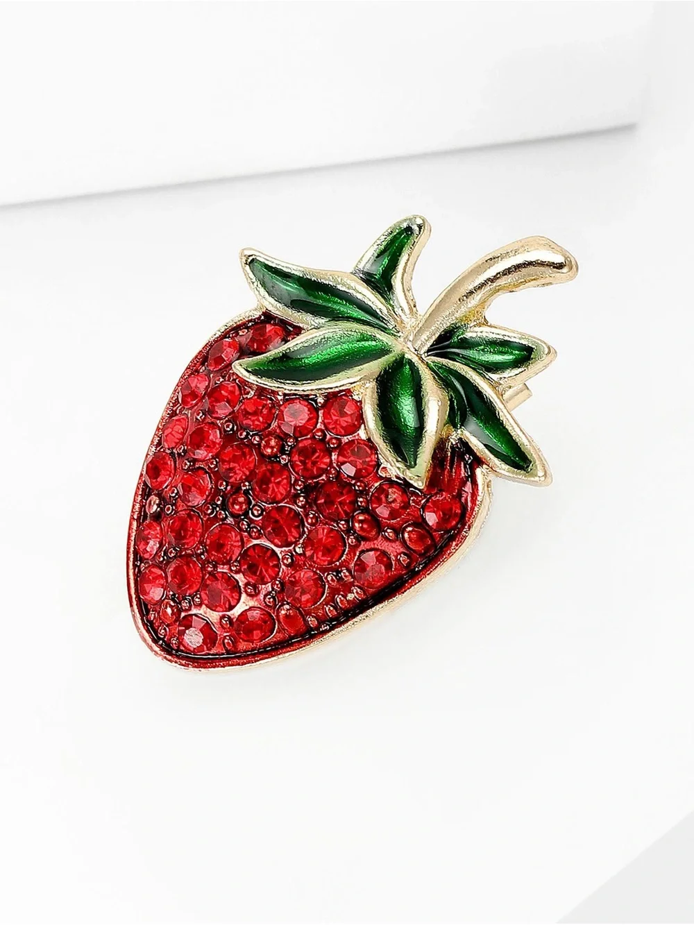 Red Strawberry Brooch Pin – Rhinestone Crystal Fruit Gold Tone Statement Jewelry